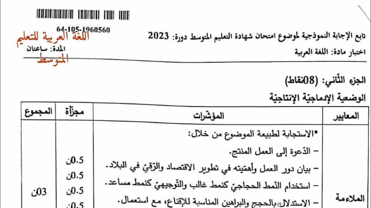 التصحيح النموذجي الوزاري مع سلم التنقيط اللغة العربیة. شهادة التعليم المتوسط 2023