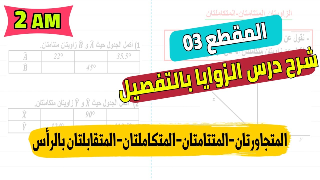 الزاويتان المتجاورتان-المتتامتان-المتكاملتان-المتقابلتان بالرأس شرح شامل راضيات ثانية متوسط