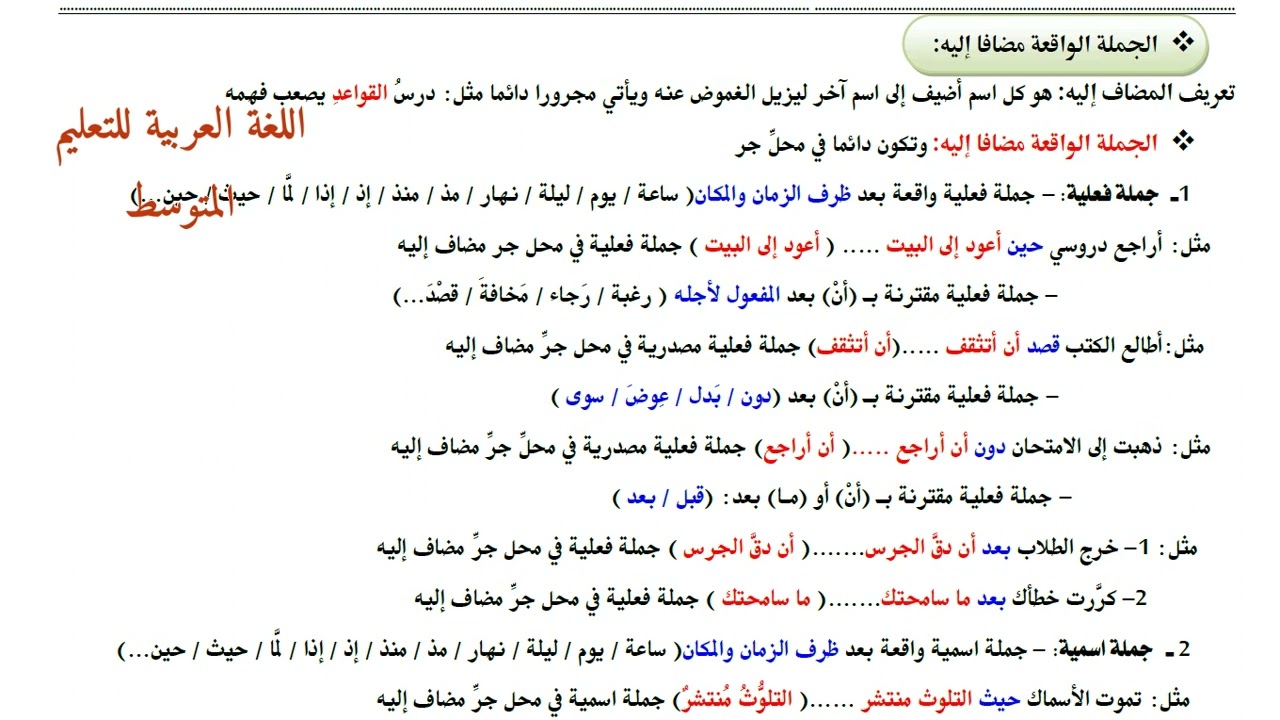 مراجعة شاملة لشهادة التعليم المتوسط. اللغة العربیة. الجملة الواقعة مضافا إليه