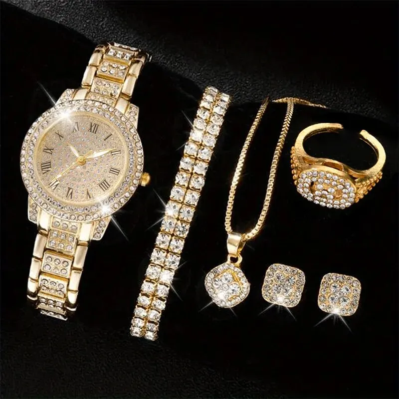 6PCS femmes montre de luxe élégant alliage montre-bracelet en cristal pour dames cadeau montre à Quartz - الصورة 3