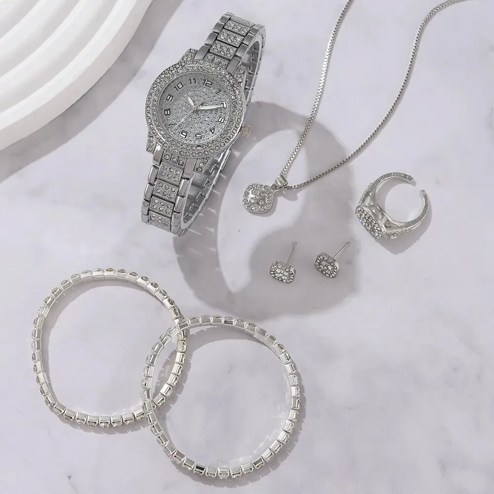 6PCS femmes montre de luxe élégant alliage montre-bracelet en cristal pour dames cadeau montre à Quartz - الصورة 5