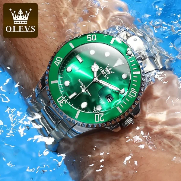 ⁦OLEVS-Montre à quartz étanche verte pour homme, acier inoxydable, montre-bracelet Shoous, luxe, haut, original⁩ - الصورة ⁦4⁩