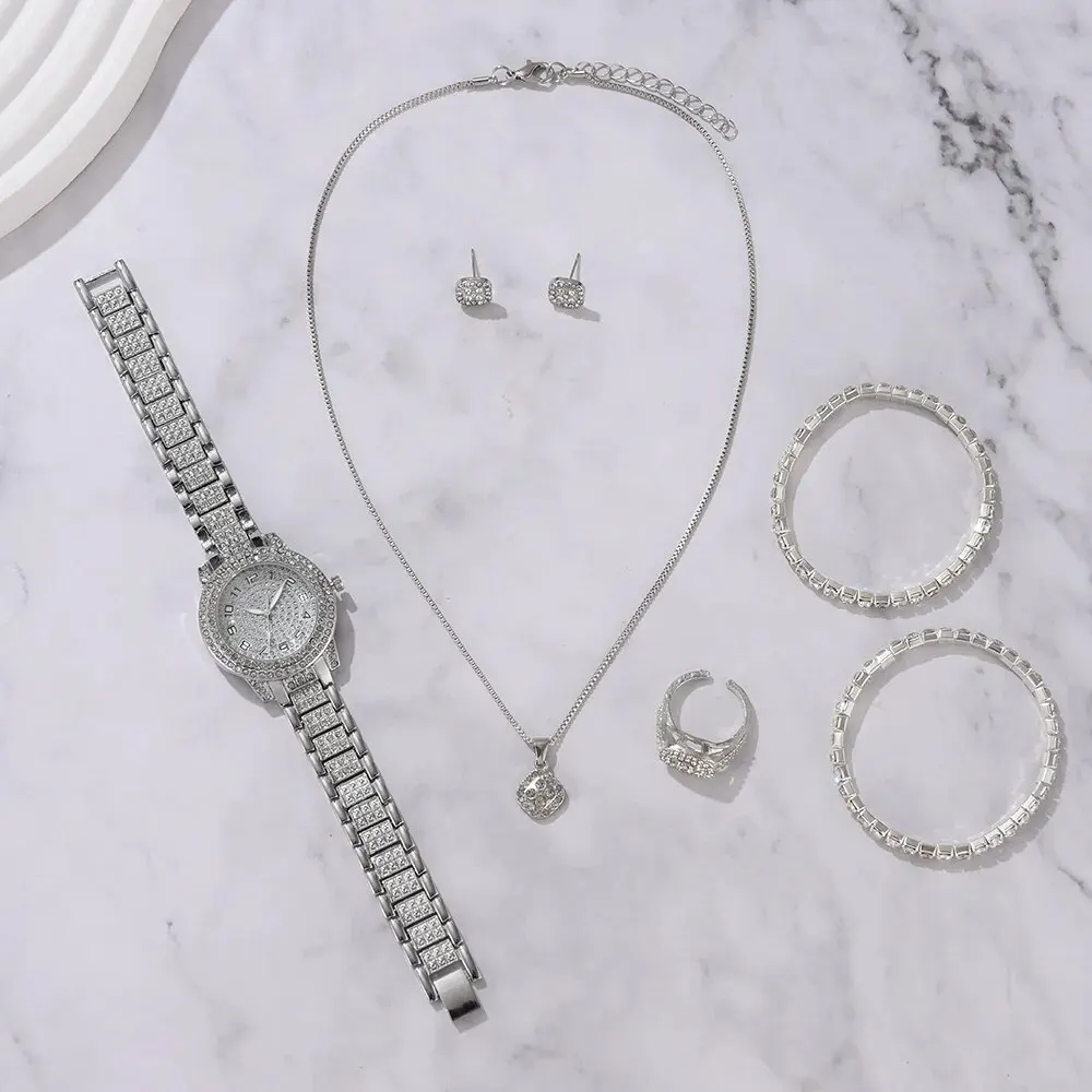 6PCS femmes montre de luxe élégant alliage montre-bracelet en cristal pour dames cadeau montre à Quartz - الصورة 4