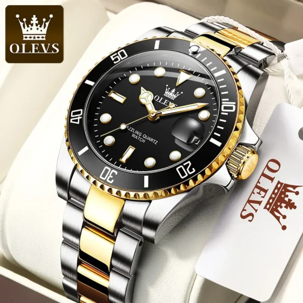 ⁦OLEVS-Montre à quartz étanche verte pour homme, acier inoxydable, montre-bracelet Shoous, luxe, haut, original⁩ - الصورة ⁦2⁩