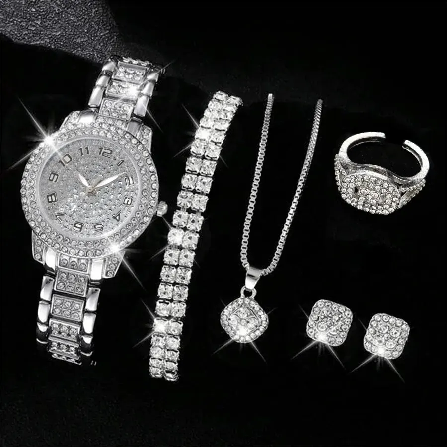 6PCS femmes montre de luxe élégant alliage montre-bracelet en cristal pour dames cadeau montre à Quartz - الصورة 2