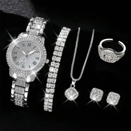 6PCS femmes montre de luxe élégant alliage montre-bracelet en cristal pour dames cadeau montre à Quartz