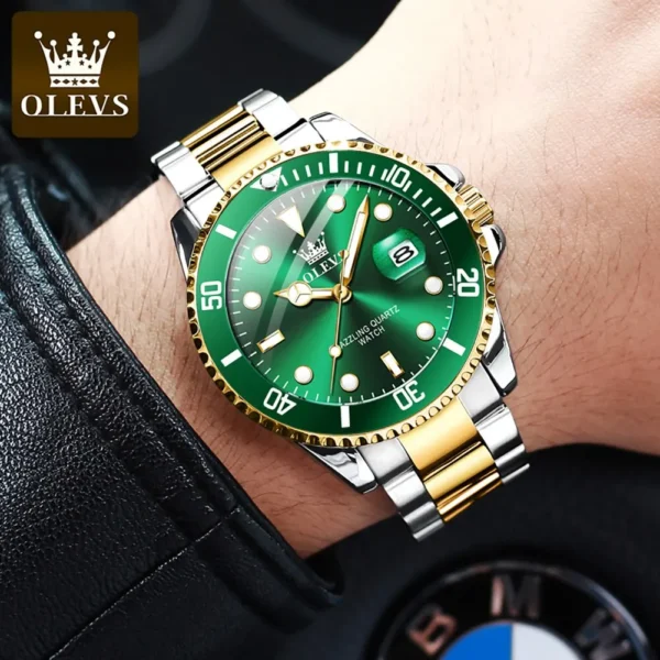 ⁦OLEVS-Montre à quartz étanche verte pour homme, acier inoxydable, montre-bracelet Shoous, luxe, haut, original⁩ - الصورة ⁦6⁩