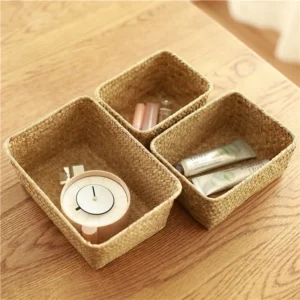 Mir de rangement tissé en jonc de mer, panier de bureau, boîte de rangement pour fruits et collations, cosmétiques