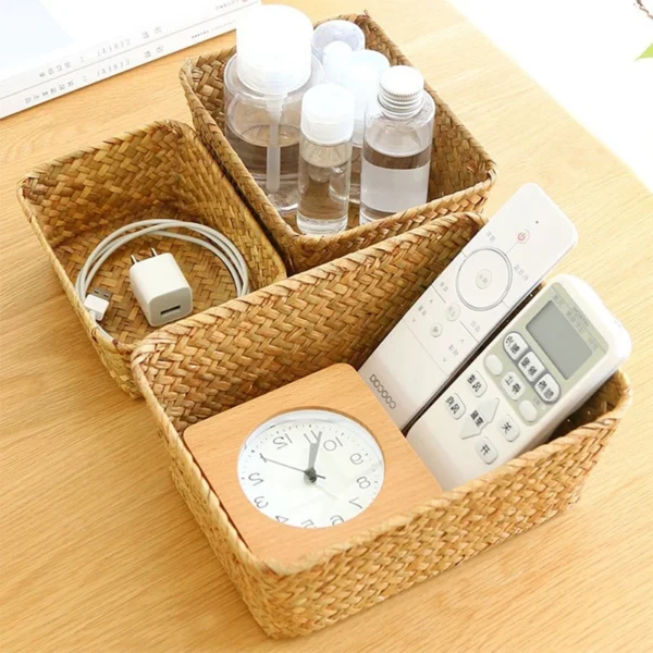 ⁦Mir de rangement tissé en jonc de mer, panier de bureau, boîte de rangement pour fruits et collations, cosmétiques⁩ - الصورة ⁦5⁩
