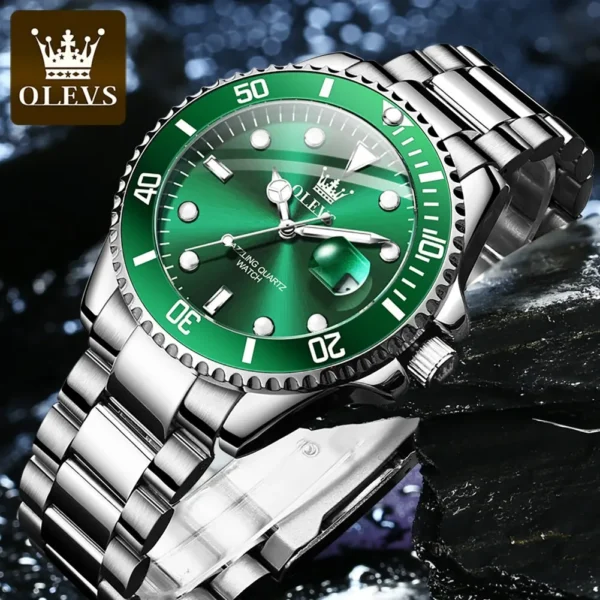 ⁦OLEVS-Montre à quartz étanche verte pour homme, acier inoxydable, montre-bracelet Shoous, luxe, haut, original⁩ - الصورة ⁦3⁩
