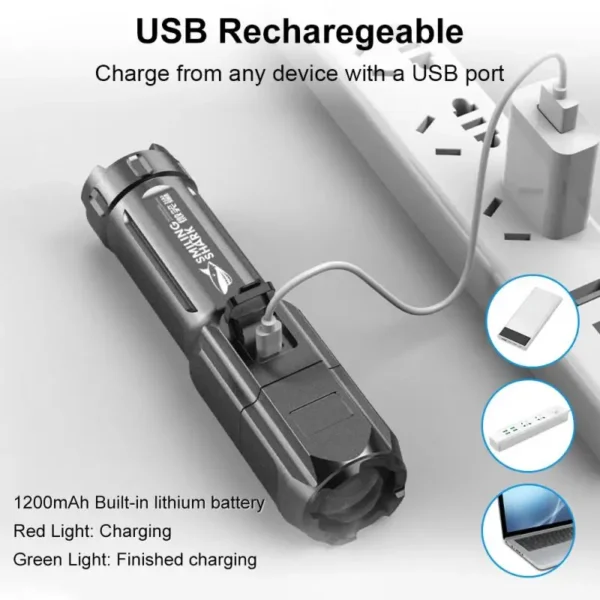 ⁦Lampe de poche LED aste USB 18650, lampe de poche étanche, lampe de poche à n'aime, lampe de poche à lumière douce, pêche et chasse, 100000 lumens, injuste⁩ - الصورة ⁦6⁩
