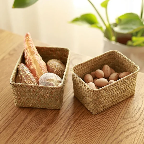 ⁦Mir de rangement tissé en jonc de mer, panier de bureau, boîte de rangement pour fruits et collations, cosmétiques⁩ - الصورة ⁦2⁩