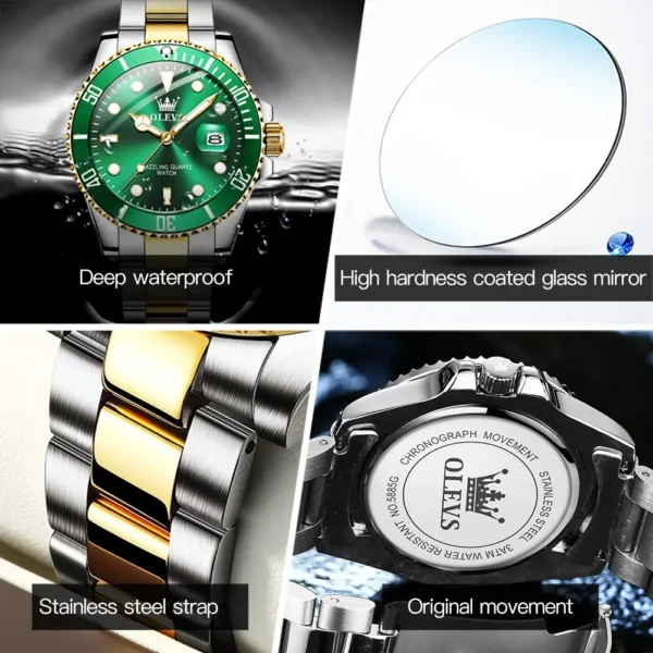 ⁦OLEVS-Montre à quartz étanche verte pour homme, acier inoxydable, montre-bracelet Shoous, luxe, haut, original⁩ - الصورة ⁦5⁩