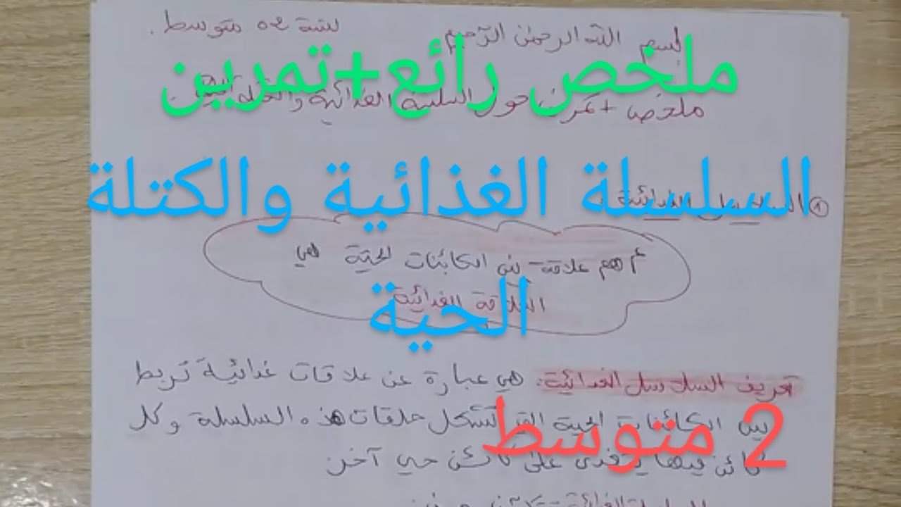 ملخص+تمرين حول السلسلة الغذائية (تحضيرا للفرض)سنة الثانية متوسط