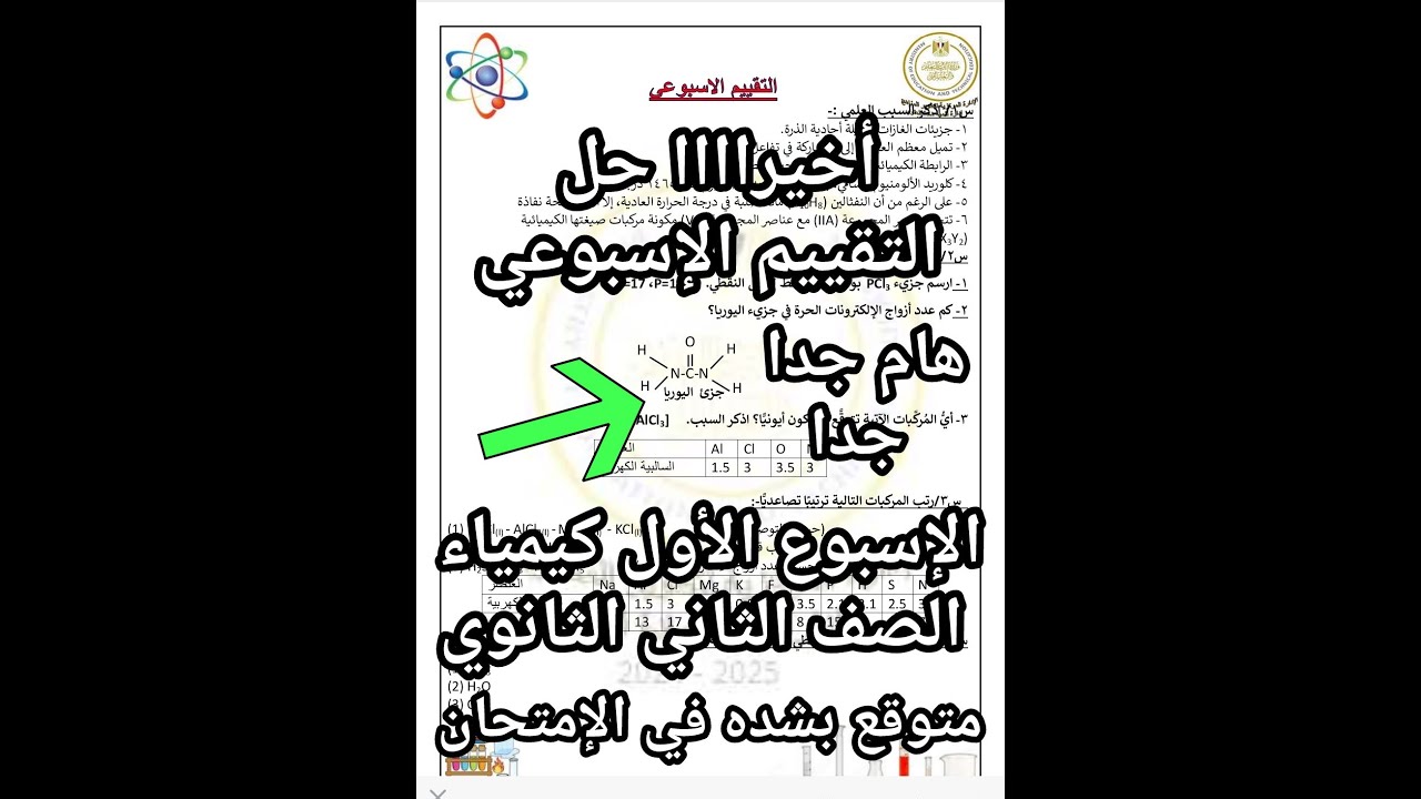 أخيرا حل التقييم الاسبوعي الأول كيمياء الصف الثاني الثانوي ترم ثاني 2025 المتوقع بشده في الامتحان